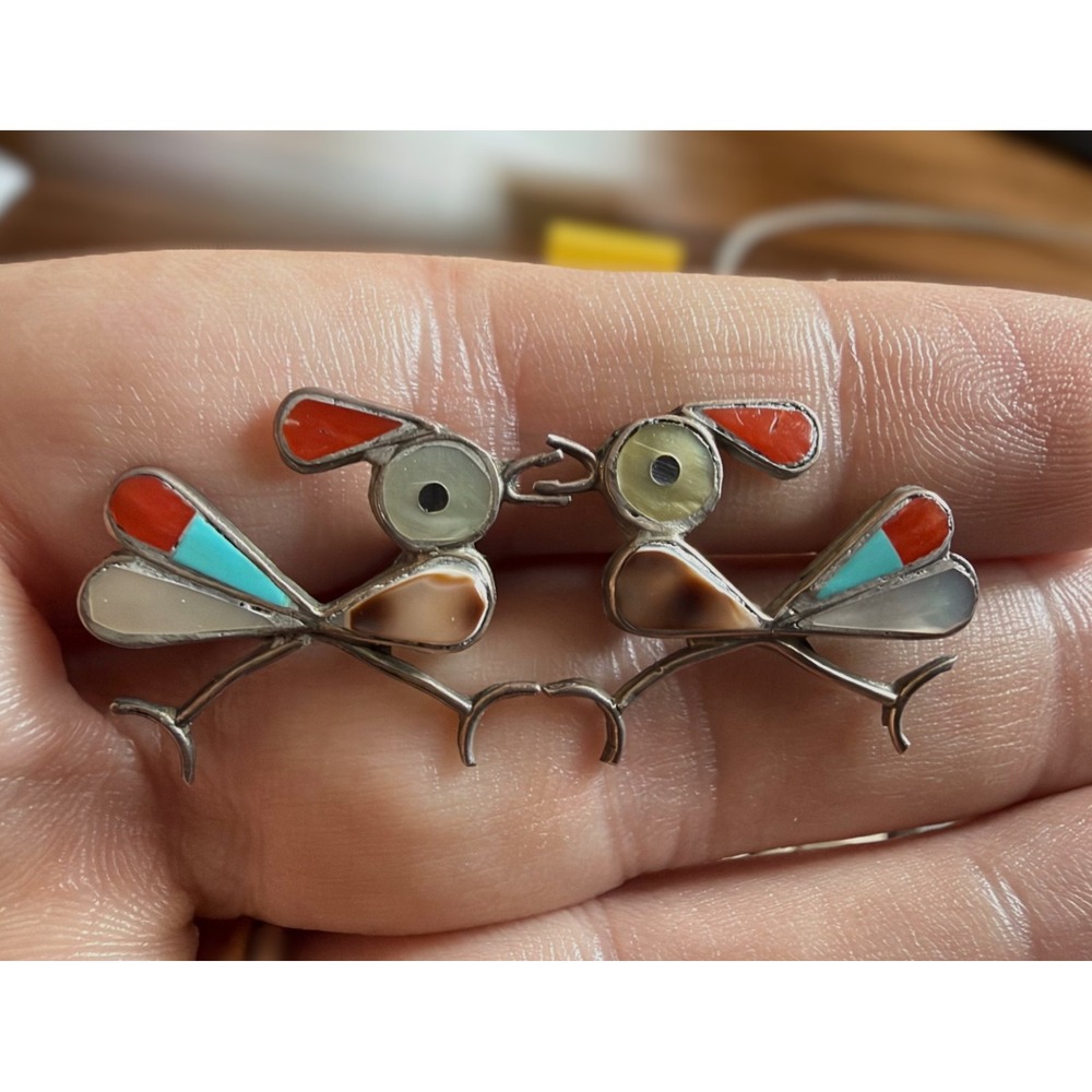 Old Pawn Zuni Native American Indian Sterling Multi Stone Road Runner Earrings